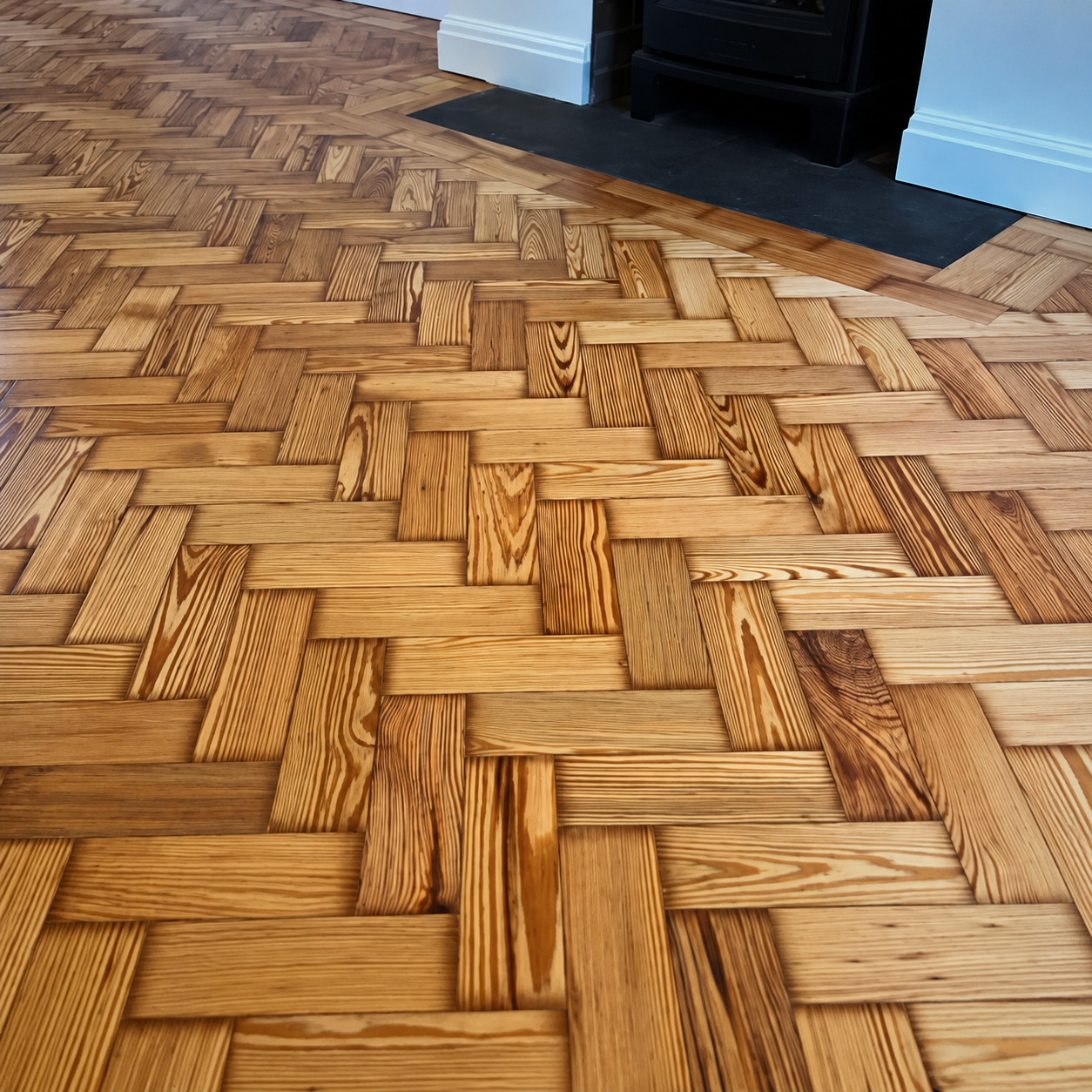 Restored herringbone wood floor